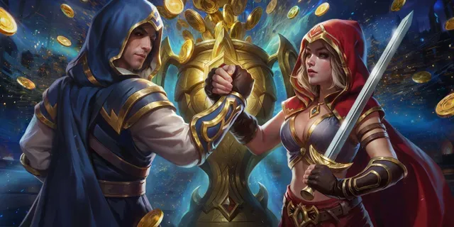 Due avventurieri di Slotuna che si danno il pugno davanti a un trofeo dorato