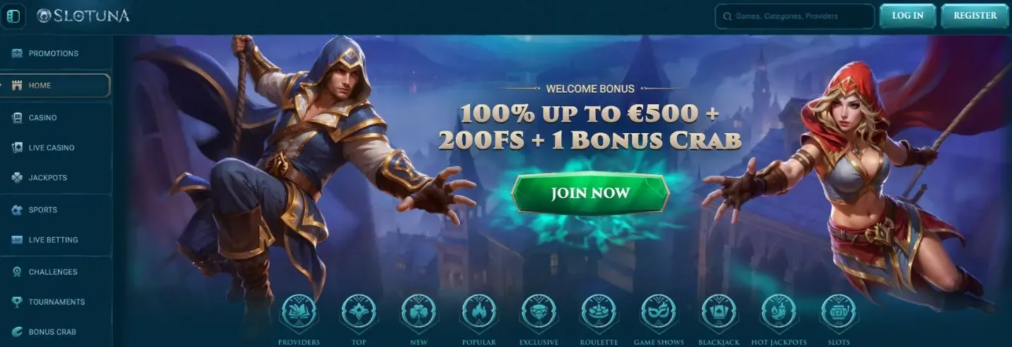 Homepage Slotuna con grande banner del bonus di benvenuto
